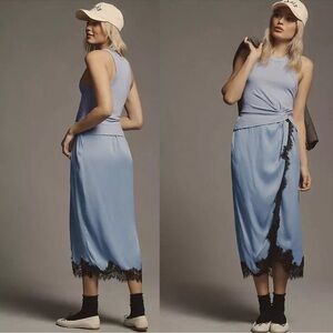 Anthropologie Keeley Twofer Midi Dress Womens Large Lace Hem Fairy Dainty Satin